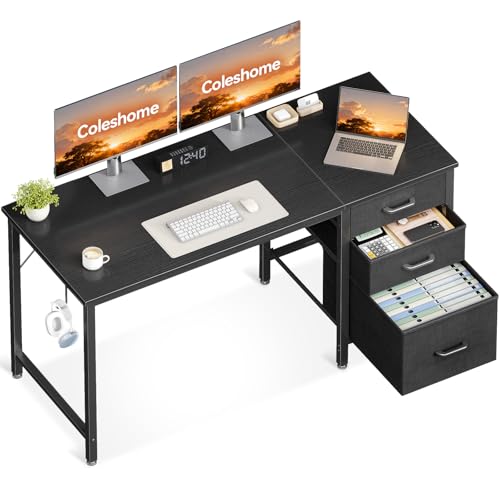 Coleshome Schreibtisch mit 3 Stoff Schubladen, 120x48cm Computertisch mit Kopfhörerhalter, Umkehrbare PC-Schreibtisch Bürotisch für kleines Heimbüro, Schwarz