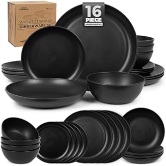 Grow Forward 16-piece Premium Wheat Straw Dinnerware Sets for 4 - Unbreakable Dishwasher & Microwave Safe Plastic Plates and Bowls Sets - Patio, Outdoors, RV, Camping Dishes - Midnight
