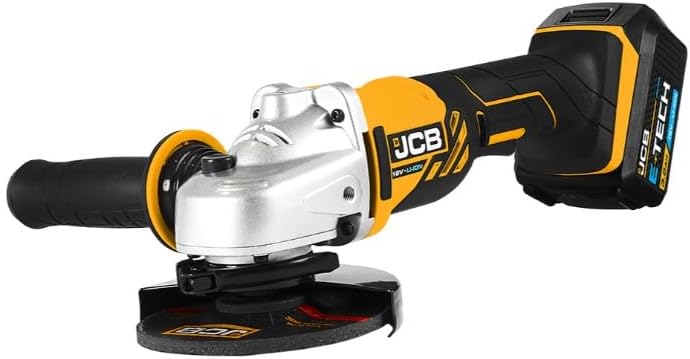 JCB 18V 115mm 4 1/2" Cordless Angle Grinder with 2 x 3.0Ah Li-ion Batteries & 2.4A Fast Charger, M14 Thread - 3 Position Anti-Vibration Side Handle - 3 Year Warranty