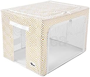 Periea Beau Folding Collapsible Stackable Fabric Home Storage Boxes with Steel Frames (Black & White, Large)