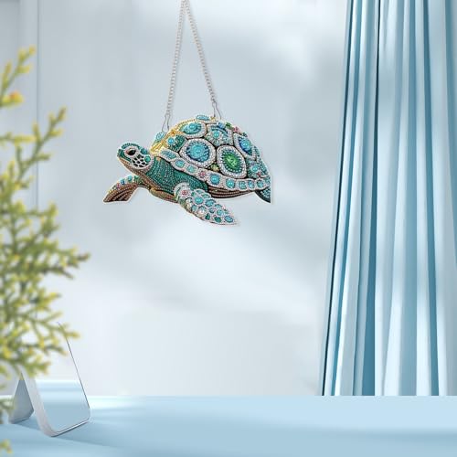 Image of DIY Oversized Diamond Painting Sea Turtle Hanging Ornament Kit - 5D Crystal Turtle Wall Art Craft with Chain - Ocean Animal Diamond Art Suncatcher Decoration for Home Window Door Balcony Gift Idea