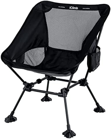 iClimb Ultralight Compact Camping Folding Beach Chair with Anti-Sinking Large Feet and Back Support Webbing (Black - Square Frame)