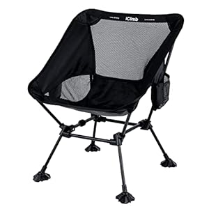iClimb Ultralight Compact Camping Folding Beach Chair with Anti-Sinking Large Feet and Back Support Webbing (Black – Square Frame)
