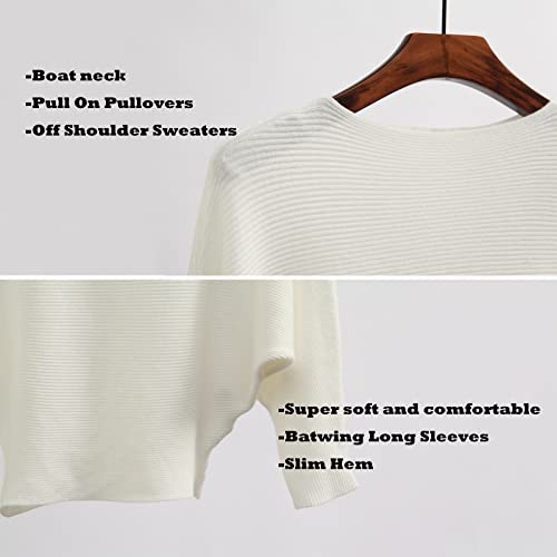 Image of Blostirno Women's Boat Neck Batwing Sleeves Dolman Ribbed Knitted Sweaters Pullovers Tops