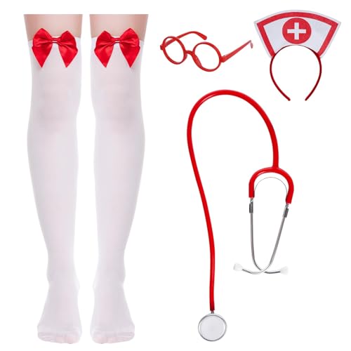 Krankenschwester Kostüm Halloween Frauen Krankenschwester Kostüm Zubehör Roter Krankenschwester Hut Stirnband Brille Stethoskop Hohe Socke für Halloween Karneval Krankenschwester Cosplay Party