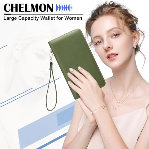 Image of Chelmon Womens Wallet Genuine Leather RFID Blocking Purse Credit Card Clutch (CH Green Army)