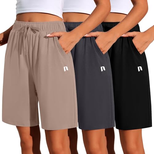 Neer 3 Pack Women's Quick Dry Shorts Women Drawstring High Waisted Bermuda Athletic Shorts with Pockets(Black,Khaki,Dark Grey,XX-Large)