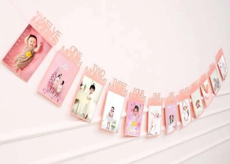 Image of Pop The Party Pink First Birthday Photo Banner | Monthly Photo Banner (12 Months) for Baby First Year | 1st Birthday Decoration for Girls | Cute Photo Display Garland (cardstock)