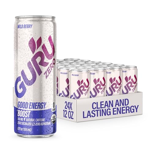 Image of GURU Zero Sugar Energy Drink, Wild Berry Organic Sparkling Energy Drink with 140 MG Natural Caffeine & Coconut Water for Workouts, Performance & Midday Boost, Gluten Free, Vegan, 12 Fl Oz, 24 Pack