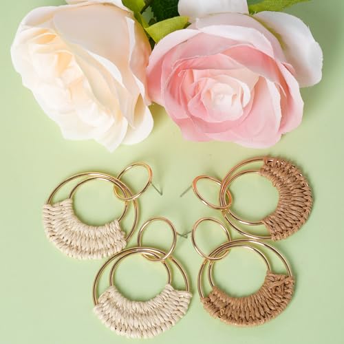 hoyuwak 2 Pairs Rattan Weave Earrings Boho Raffia Dangle Hoop Earrings Handmade Straw Wicker for Women Summer Beach Party, Beige Khaki 7
