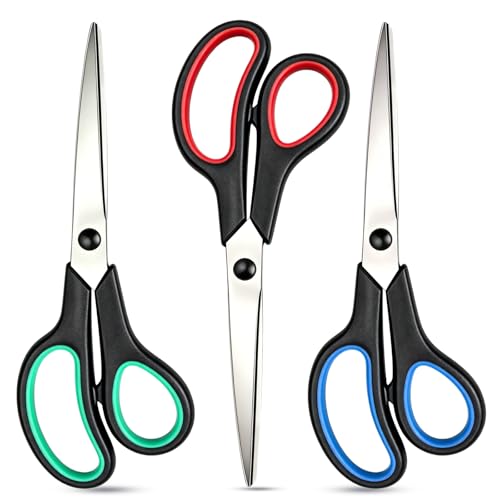 Scissors 8.5 Inch scissors all purpose for Office, Home, Sewing,and Crafts,Soft Comfort-Grip Right/Left Hand 3-Pack, Multicolor