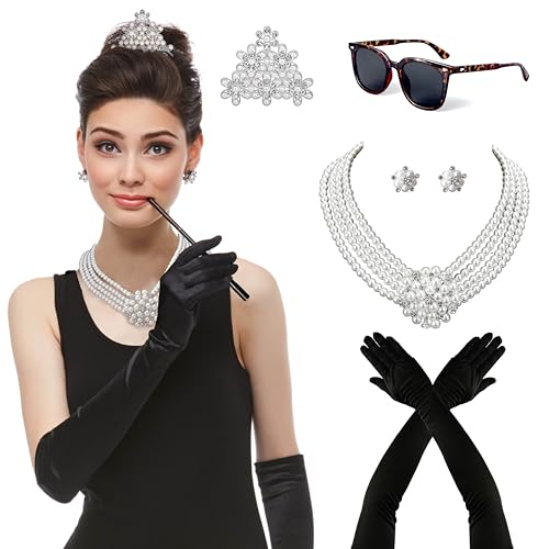 Zivyes Audrey Hepburn Costume Breakfast at Tiffanys Decorations 1920s Accessories Vintage Sunglasses Comb Necklace Earrings