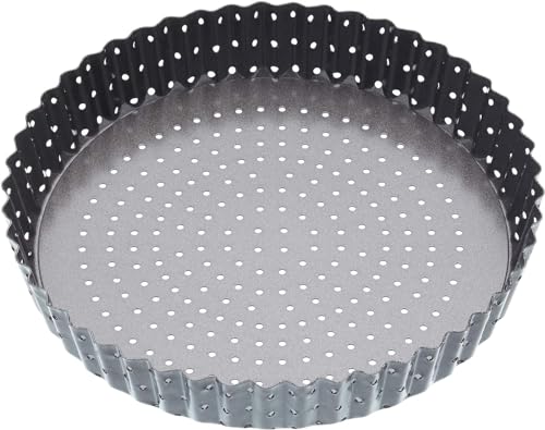 MasterClass KCMCCB33 Crusty Bake 25 cm Perforated Quiche Tin with PFOA Non Stick and Loose Bottom Fluted Robust 1 mm Carbon Steel Grey