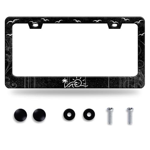 Waves and Sun License Plate Frame Funny Hawaiian License Plate Frames Stainless Steel Accessories Cars Decor with 2 Holes and Screws Fits Standard Us Ca Vehicles License Plate Holder Size 12.2 X 6 in