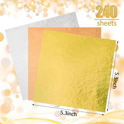 CXIIPOL 240 PCS Imitation Gold Leaf Sheets, Gold Foil Sheets 3 Colors for Art, Phone Cases, Wood, Vases, Nails, Jewelry, Furniture, Paint, Decoration, Resin with Tweezer and Brush