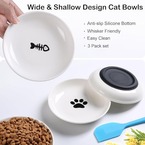 Auauraintt 3 Stück Katzennapf Keramik, mit Rutschfestem Gummiboden, Anti Whisker Fatigue Katzengeschirr Set, Flacher breiter Futter- und Wassernapf für Kätzchen,für Katzen und Kleintiere
