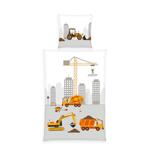 Baustelle Bettwäsche, Kopfkissenbezug ca. 80x80 cm, Bettbezug ca. 135x200...