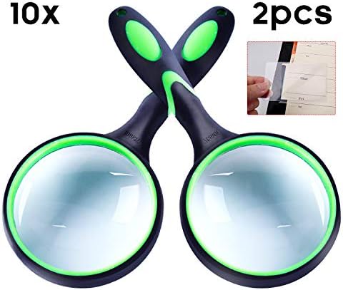 IAMGlobal 10X Magnifying Glass, Handheld Reading Magnifier, 75mm Magnifying Glass Lens, Thickened Rubbery Frame with Non-Slip Soft Handle for Newspaper Reading, Insect, Science for Seniors Kids(2 Pc)  Magnifying Glass with 12 LED Lights, 30X Double Glass Lens Handheld Illuminated Magnifier Reading Magnifying Glass with for Seniors Read, Coins, Stamps, Map, Inspection, Macular Degeneration  YOCTOSUN LED Head Magnifier, Rechargeable Hands Free Headband Magnifying Glasses with 2 Led, Professional Jeweler's Loupe Light Bracket and Headband are Interchangeable  Ocim (2 Pcs) 10X Magnifying Glass, Handheld Reading Magnifier, 75mm Magnify Glasses Lens, Rubbery with Non-Slip Soft Handle for Seniors Reading and Kids Nature Exploration  Leffis 3 Pack 10X Magnifier Magnifying Glass for Kids Reading, Non-Slip Handheld Magnified Glass, 75mm Large Magnifying Glasses for Close Work, Science and Hobby Observation (Felt Bag Included)  Brightech LightView Pro Flex 2 in 1: 1.75x Magnifying Glass with Bright LED Light - Magnifier Lamp with Base Stand & Clamp - for Reading, Painting, Sewing & Needle Crafts, Puzzle & Hobby Fans  FUCAS Lot of 12 Credit Card Sized Magnifying Lenses. Wholesale Lot - 300% Fresnel Magnifier  Large Magnifying Glass 5X Handheld Reading Magnifier for Seniors & Kids - 100MM 4INCHES Real Glass Magnifying Lens for Book Newspaper Reading, Insect and Hobby Observation, Classroom Science (GREEN)