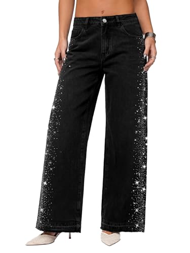 EMMIOL Rhinestone Baggy Jeans Women Tall High Waist Wide Leg Jean Black S - image 1