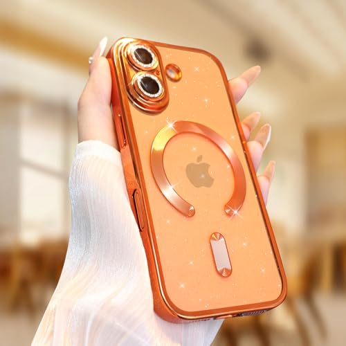 Image of Misscase for iPhone 17 Case with Privacy Screen Protector, Built-in Lens Protector, Compatible with MagSafe, Anti-Yellowing Shockproof TPU, Bling Glitter Electroplated Cover 6.3 inch Orange