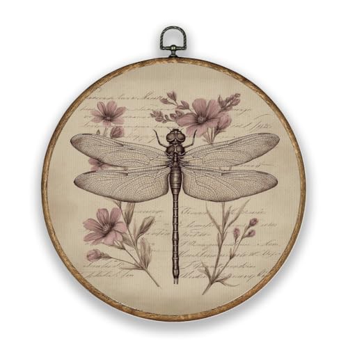 Hobbspring Libélulas flores plantas fuente madera marco de plástico texturizado redondo arte de pared decoración de pared 26 cm color vintage poliéster colgante de pared decoración de puerta para