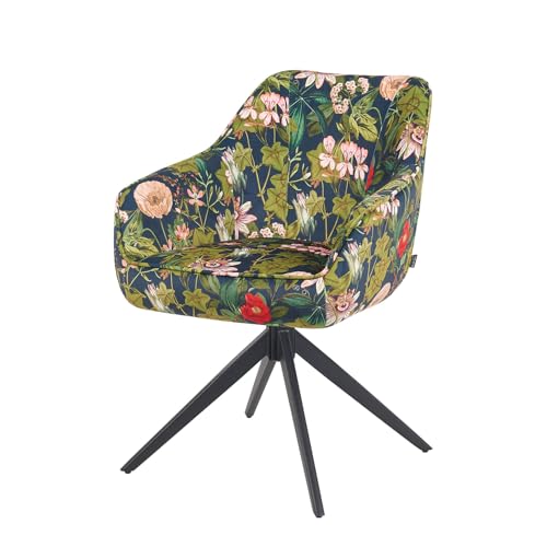 B&D home Esszimmerstuhl Pandora – Drehbarer Armlehnstuhl mit Taschenfederkern & 360° Funktion – Polsterstuhl im exclusiven Blumenprit – Moderner Küchenstuhl mit Soft-Samt & Metallgestell Schwarz NEU