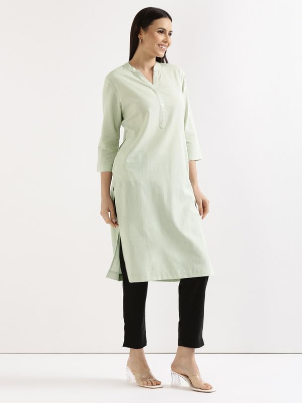 Image of SAADAA Women's Linen Straight Fit Straight Long Kurta Airy Plain Kurta, 3 /4 Sleeve, Knee Length Kurtis with Pockets, Casual and Office Wear