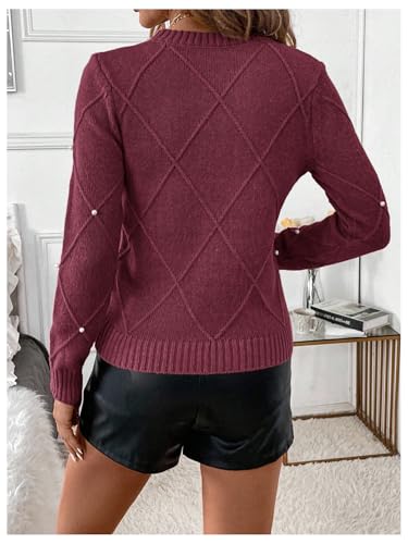 Image of Verdusa Women's Business Casual Outfits Elegant Holiday Sweaters Pearl Long Sleeve Textured Knit Pullover Tops