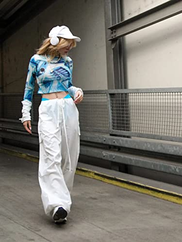 Xineicy Parachute Pants for Women Drawstring Baggy Cargo Pants Y2K Trouser Low Rised Jogger Sweatpants Loose Hip Hop A White