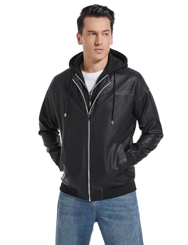 Mens Leather Jackets Black Faux Leather Motorcycle Bomber Jacket with Removable Hood3