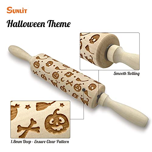 Sunlit 3D Embossed Rolling Pin With Ghost Pumpkin Pattern Designs, Engraved Rolling Pin With 3 Pcs Cookie Cutter For Baking Lightweight Wooden Rolling Pin For Kids And Adults For Halloween Party #TOP1
