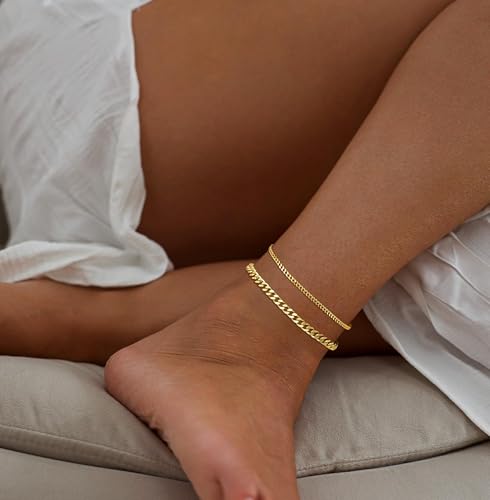 Image of Gold Ankle Bracelets for Women, 14k Silver /Gold Anklets for Women Waterproof Layered Figaro Cuban Link Cuban Anklet Set Silver Ankle Bracelets for Women Summer Beach Jewelry Gifts