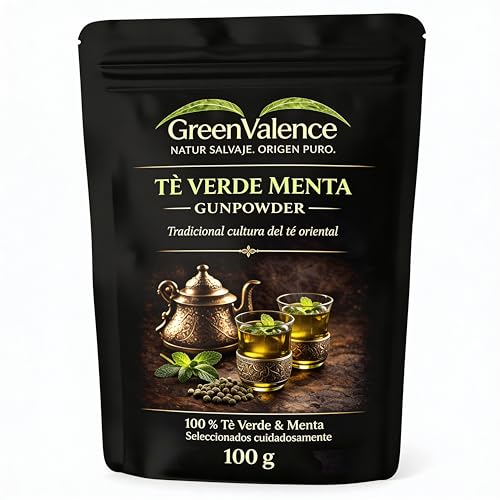 GreenValence Té Verde Gunpowder con Menta - Té Verde en Hojas Sueltas con Aroma Fresco - Inspirado en la Tradición del Té - Infusión Natural Aromática (100 g)