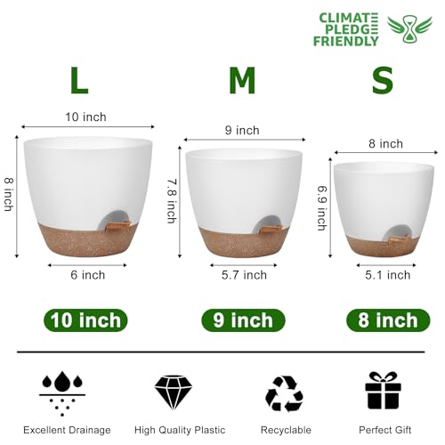 Plant Pots 10/9/8 Inch Self Watering Pots, Set of 3 Plastic Planters with Drainage Holes and Saucers,Plastic Flower Pots,Nursery Planting Pot for Indoor Out Door Plants(White) - Image 4