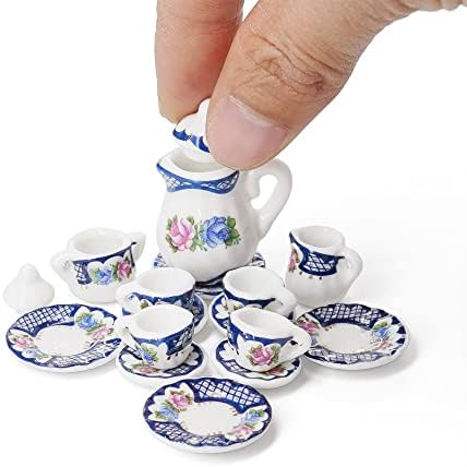 Odoria 1/12 Miniature Porcelain Tea Set 15Pcs Dollhouse Decoration Accessories, Blue Blossom
