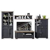 JASMIN Wohnwand Komplett-Set in Graphit, Artisan Eiche Optik - Schrankwand mit LED-Beleuchtung für Ihr Wohnzimmer im Landhausstil - 354 x 204 x 51 cm (B/H/T)