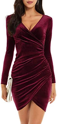 GUBERRY Red Velvet Dress Long Sleeve Bodycon Dresses for Women Holiday Christmas New Years Eve(X-Small,Wine)