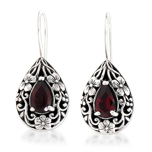 NOVICA Handmade Floral Garnet Earring | Sterling Silver Red Drop Dangle | Hypoallergenic Jewelry | Long Hook Wire | Artisan Crafted | Aurora Birthstone | Lovely Daisies 1.1