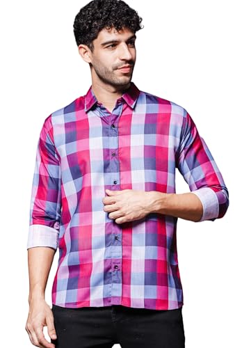 Image of IndoPrimo Men's Cotton Shirt with Spread Collar Neck Line Checks Printed Pattern Half Sleeves Regular Fit Western Style and Standard Length