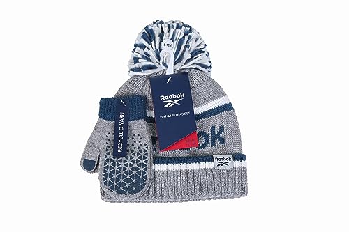 Reebok 2-Piece Baby/Toddler Winter Hat and Gripped Mittens Knitted Pom Beanie & Anti-Slip Gloves Cold Weather Accessories3