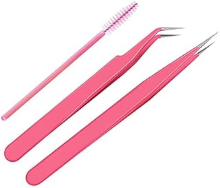 Stainless Steel Eyelash Extension Tweezers Straight and Curved Tip Eyelash Tweezers for Eyelash Extension Applications with Eyelash Brush