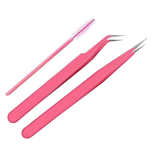 Stainless Steel Eyelash Extension Tweezers Straight and Curved Tip Eyelash Tweezers for Eyelash Extension Applications with Eyelash Brush