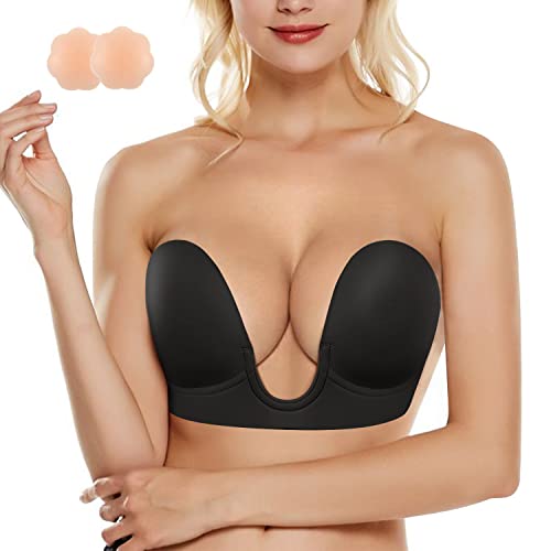 Chumian Sujetador Adhesivo sin Tirantes Sujetador de Silicona Reutilizable Invisible Push Up Bra Uso en Vestido de Boda para Mujer (M,Negro) Cover