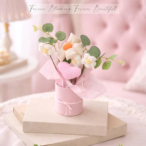 Image of Art Street Handmade Knitted Flower Bouquet in Pink Box - Artificial Daisy & Eucalyptus Arrangement with Soft Fabric Heart | Decorative Table Decor, Anniversary,