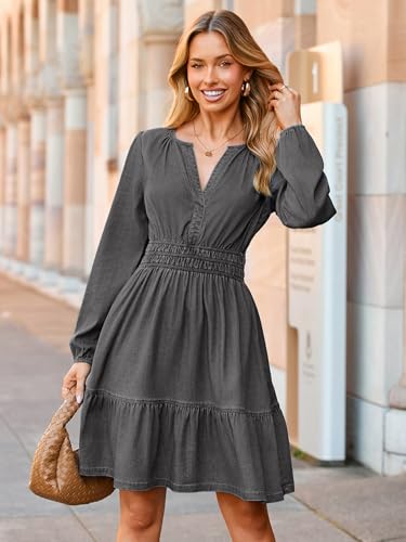 Image of Simplee Womens Fall Denim Dress Casual Long Sleeve V Neck Empire Waist Ruffle A Line Flowy Short Jean Dresses with Pockets