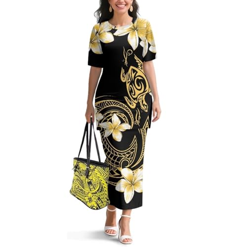 Image of Puletasi Samoan Traditional 2 Piece Outfits for Women Short Sleeve Crop Top and Maxi Skirt Sets Puletasi Dress
