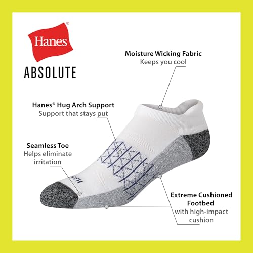 Hanes Men's Absolute Active Cushioned Heel Shield, Moisture Wicking Socks, Seamless Toe, 4-Pack4