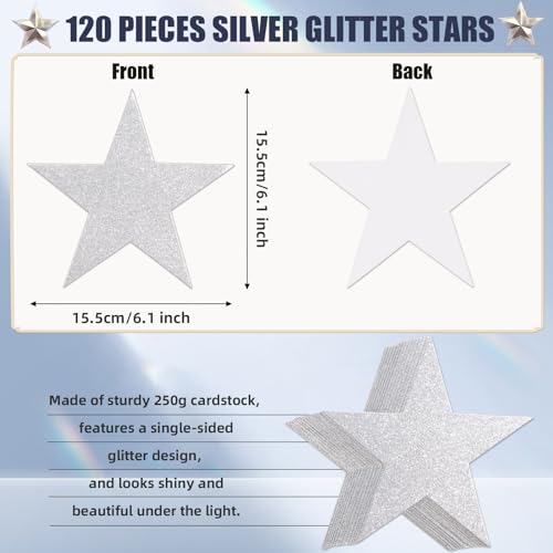 Image of FOBSME 120 Pcs Silver Glitter Star Cutouts Paper Star Cutouts 6 Inch Glitter Star Cut-Outs Silver Large Glitter Star Decoration for Christmas Birthday Classroom Bulletin Board Wall Party Supplies
