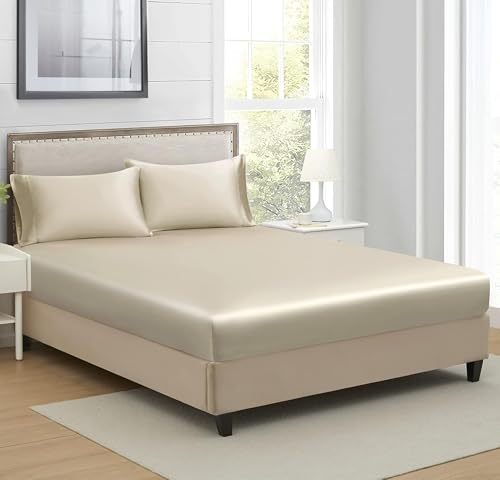 Image of RD TREND Microfiber Satin Weave Fitted Bedsheet for Double Bed King Size (78x72x10 Inch) with 2 Pillow Covers (18x28 Inch),400 TC Elastic All Around | (Beige)