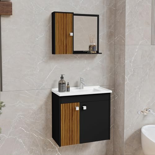 Armário Para Banheiro Kit Completo Munique Com Espelho Cuba e Armário Superior (Preto Fosco/Ripado)